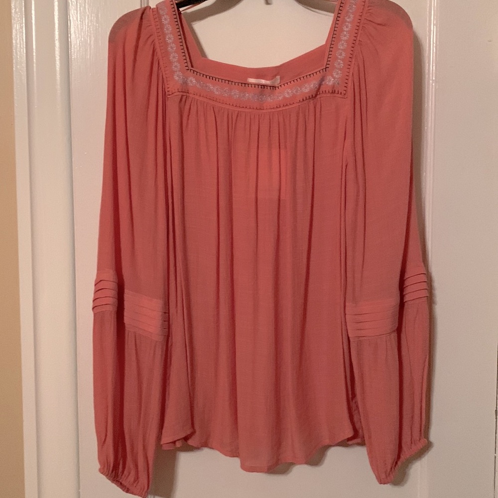 LC Lauren Conrad Peach Blouse/ Top with Embroidered Neckline, Size Large NWT